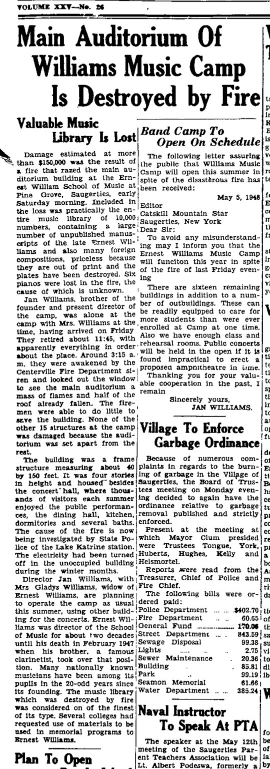 Headline of a 1948 newspaper article about the Williams Music Camp fire